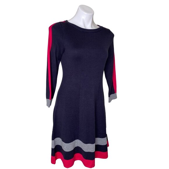 Vince Camuto NWT $128 Knit Fit & Flare Dress, Navy Red Gray Striped Trim Size S - Picture 2 of 8